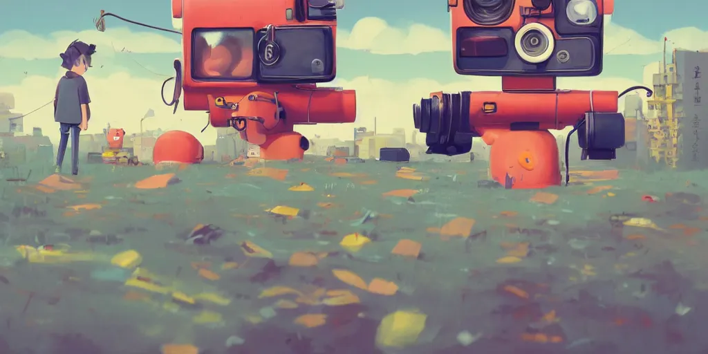 Prompt: Kawaii cartoon photographer with vintage camera by Goro Fujita and Simon Stalenhag , 8k, trending on artstation, hyper detailed, cinematic