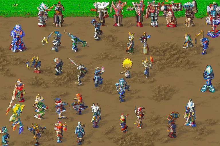 Image similar to pixel art scifi mecha divine fantasy steppe - themed hungarian slavic floral jrpg ps 1 turn - based battle sequence combat epic gameplay screenshot dynamic action scene, in the style of final fantasy, star ocean, resonance of fate