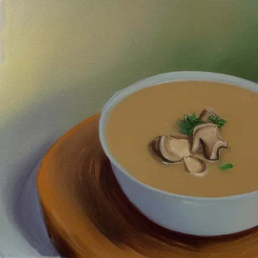 Prompt: Mushroom soup, on a table, dim lighting, oil painting