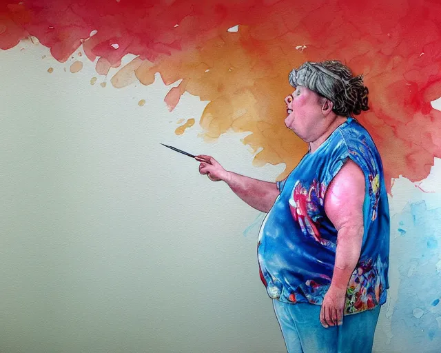 Image similar to an innocent and beautiful scene in hyper realistic style, watercolor and pen drawing, of a fat old woman painting a huge colorful fish on the wall, lighting from the barred window. shadows. 4 k. wide angle. wild mood. red mouth, blue eyes. deep focus, lovely scene. ambient occlusion render. unreal engine.