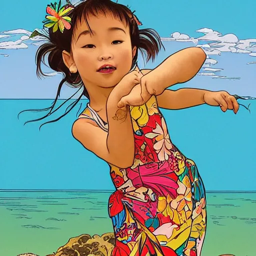 Image similar to a five - year - old hapa girl, wearing a hawaiian dress, dancing on a tropical beach, portrait, wide shot, midday light, bright colors, illustration, pop art, splash painting, graphic novel, art by geof darrow, ashley wood, alphonse mucha