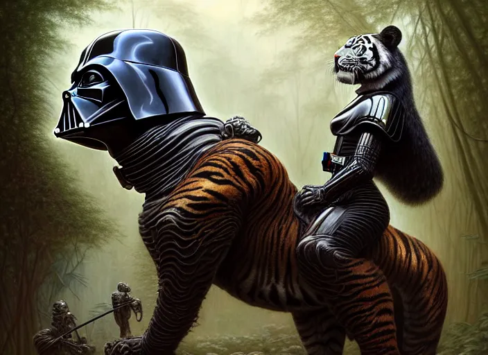 Image similar to romantic portrait shot of darth vader riding a tiger through the jungle intricate, elegant, highly detailed, centered, digital painting, artstation, concept art, smooth, sharp focus, illustration, artgerm, tomasz alen kopera, peter mohrbacher, donato giancola, joseph christian leyendecker, wlop, boris vallejo