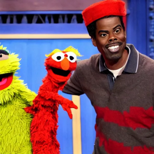 Prompt: chris rock on sesame street, photography, tv show, pbs,