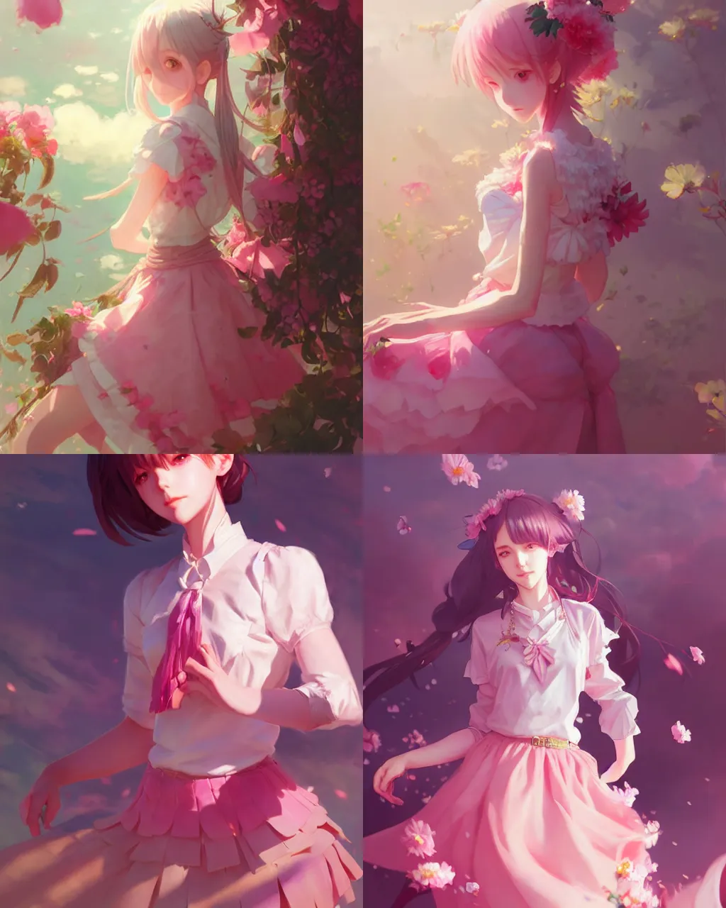 Prompt: a girl with pink skirt, flower decoration on the background, a beautiful half body illustration, top lighting, perfect shadow, soft painting, art by hidari and krenz cushart and wenjun lin