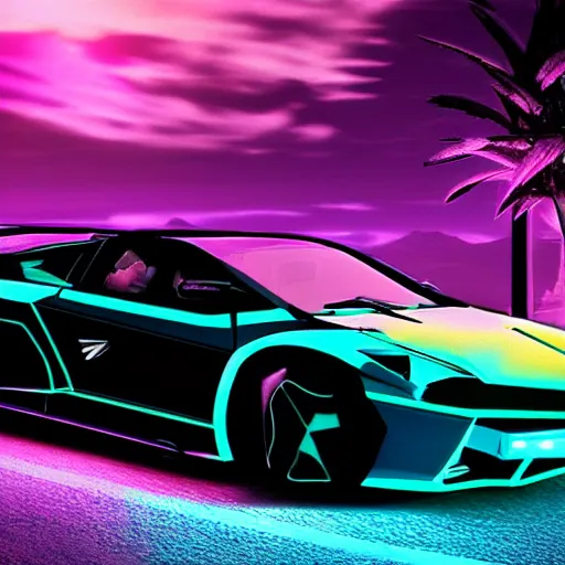 Prompt: cyberpunk lamborgini car, sunset as background, retrowave synth