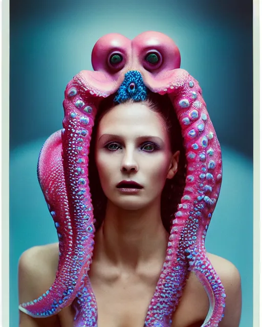 Image similar to natural light, soft focus portrait of a cyberpunk anthropomorphic octopus with soft synthetic pink skin, blue bioluminescent plastics, smooth shiny metal, elaborate ornate head piece, piercings, skin textures, by annie leibovitz, paul lehr