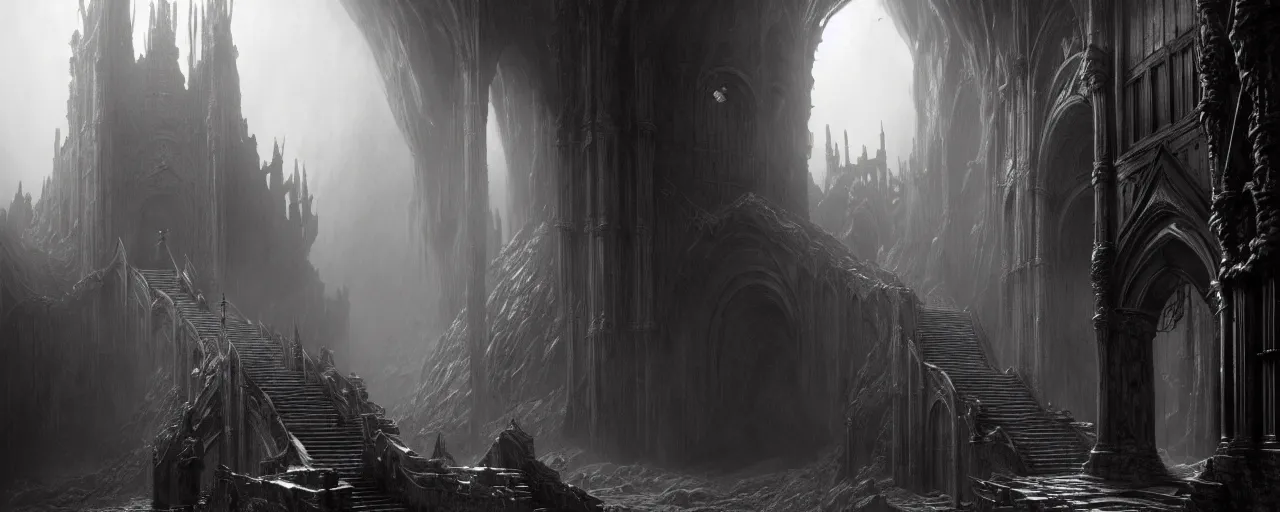 Image similar to a digital concept art by gustave dore and greg rutkowski, trending on artstation. dante's divine comedy, dark fantasy cave palace of bad omens, a iron throne, white stone steps seeping magma. 3 d, octane render, unreal engine. mist.