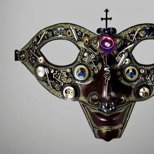 Prompt: a beautiful cyborg made of catholic and pagan symbols ceremonial maske