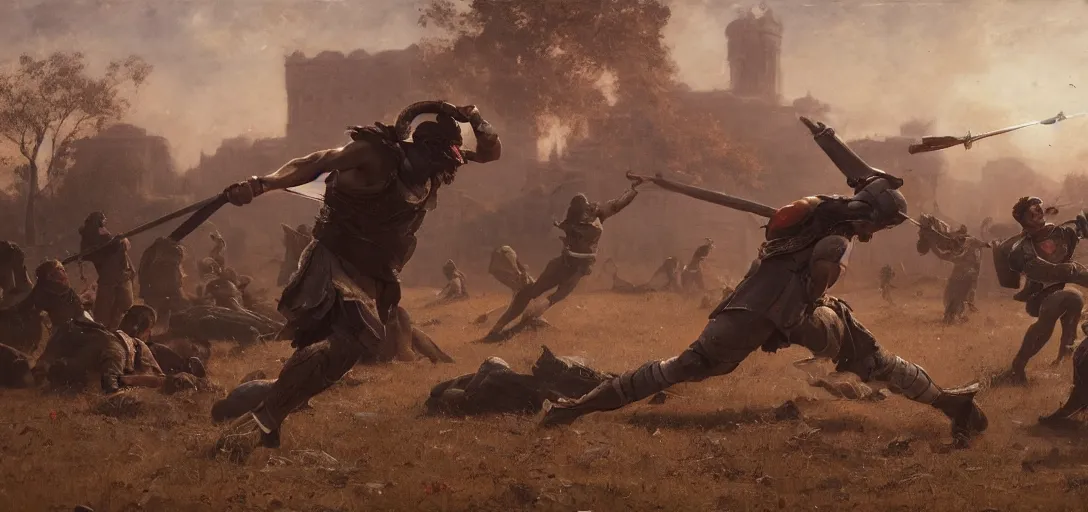 Prompt: Throwing a javelin into the back of a friend, spartan, wide shot, small scale, intimate moment, octane render, 8k, by Greg Rutkowski Ilya Repin Greg Duran