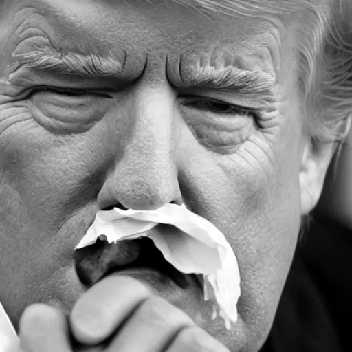 Prompt: candid portrait photo of president trump stuffing crumpled paper into his mouth wads, 2 4 mm lens