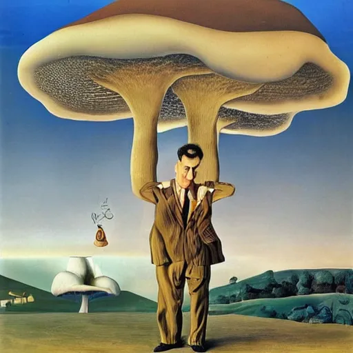 Prompt: a depressed bureaucrat thinking about his childhood in a landscape filled with giant mushrooms and milk cartons, painted by Salvador Dali, 1955