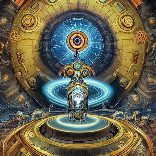 Prompt: beautifully detailed keyhole portal inside of a kinocorium overlooking the ocean Scythian ethereal retrofuturistic mecha hindu god with the all-seeing eye of a beholder. Steampunk 1950s Uzumaki mecha by Klimt Murakami, Dan Mumford and Peter Mohrbacher