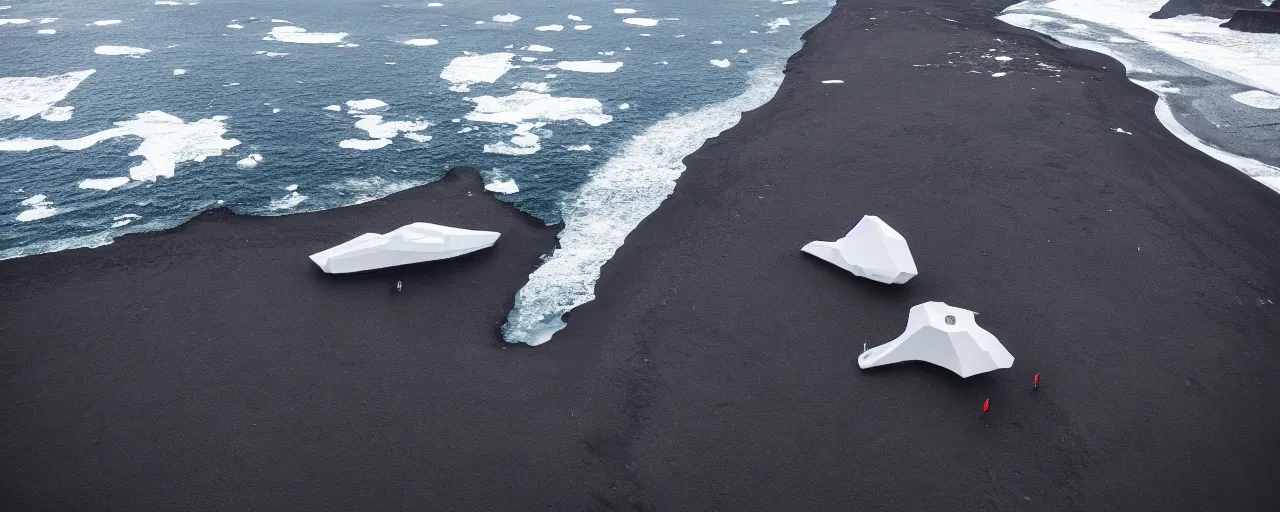 Image similar to cinematic shot of giant symmetrical futuristic military spacecraft in the middle of an endless black sand beach in iceland with icebergs in the distance,, 2 8 mm