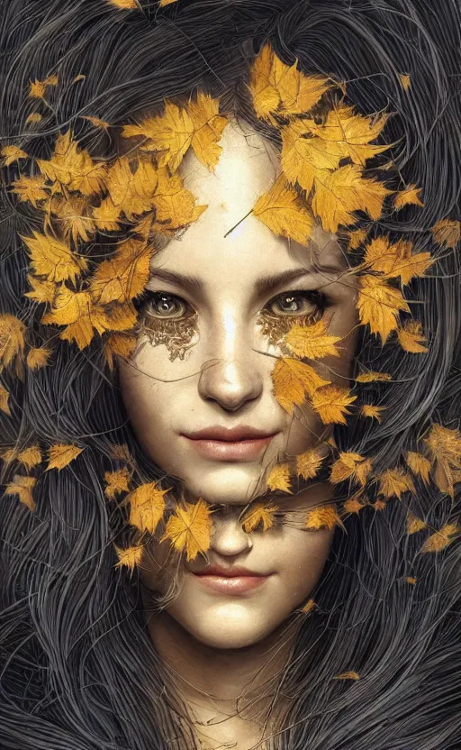 Image similar to golden leaves at frame border, creative!!! composition for a book cover!!!, absurdly beautiful, ultrafine hyperrealistic detailed old witch face by wlop and artgerm and greg rutkowski, intricate linework, sharp focus, smooth, octopath traveler, final fantasy, unreal engine, dramatic lighting, ethereal, 8 k