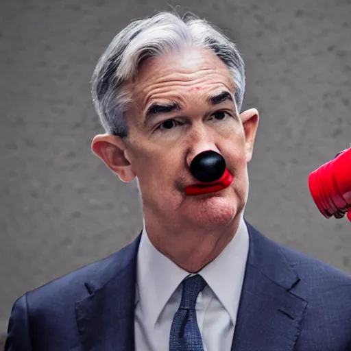 Prompt: photo of Jerome Powell with whiteface clown makeup using a flamethrower, highly-detailed