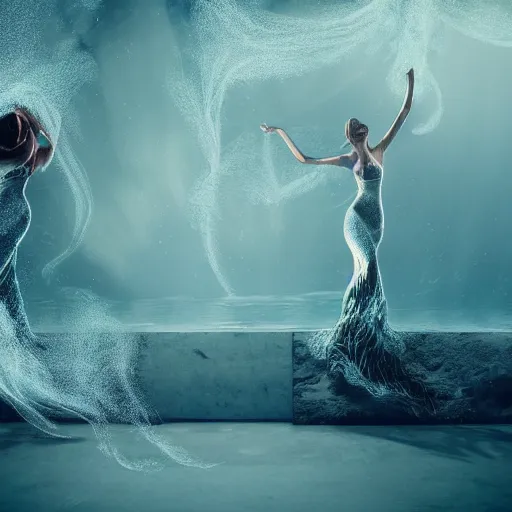 Prompt: manshaped swirling smoke beside woman dancing underwater wearing a flowing dress made of seaweed, school of tiny silver fish in the distant background, octane render, caustics lighting from sunlight above, cinematic