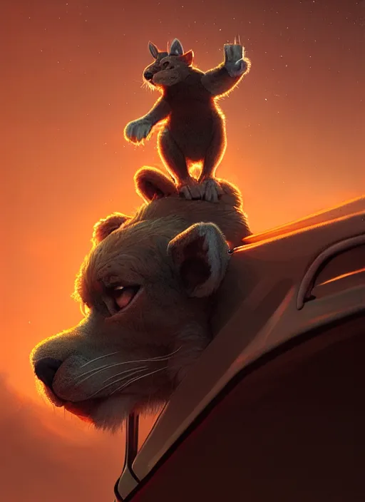 Prompt: furry rembo standing on top of the jeep, photorealistic, glowing lighting, intricate, elegant, glowing lights, highly detailed, digital painting, artstation, concept art, smooth, sharp focus, illustration, art by wlop, mars ravelo and greg rutkowski