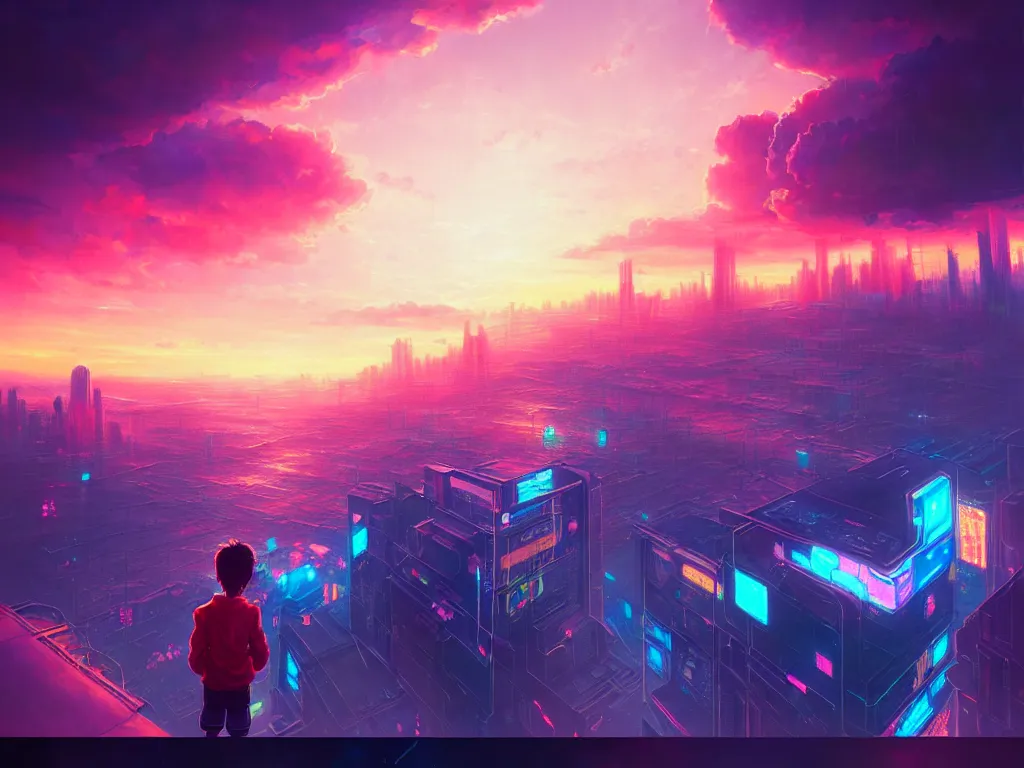 Image similar to a painting of a boy on top of a building watching a colorful sunrise futuristic city surrounded by clouds, cyberpunk art by yoshitaka amano and alena aenami, cg society contest winner, retrofuturism, matte painting, apocalypse landscape, cityscape