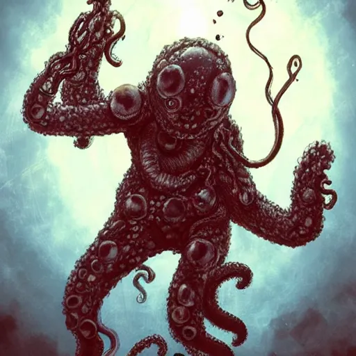 Image similar to Orb monster with many ears, no eyes, tentacles holding guns, D&D, high quality, trending on artlist