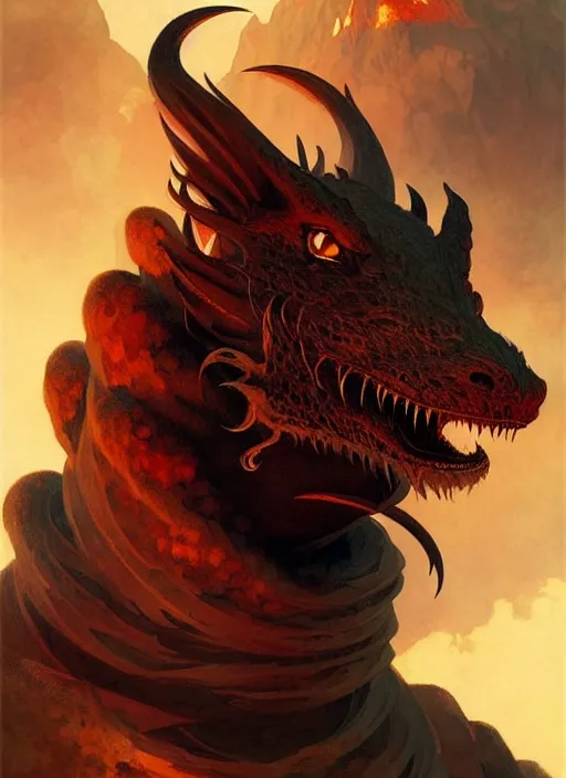 Image similar to ''face portrait furry handsome dragon, volcano landscape, fantasy, d & d, sharp focus, detailed, digital painting, art by greg rutkowski and alphonse mucha''