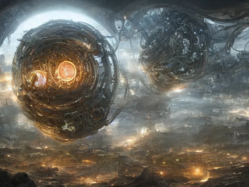 Image similar to an intricate matte painting of an epic battle between nature and technology at the center is a circular glowing biomechanical portal made of mechanical and electrical parts