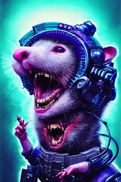 Image similar to a beautiful portrait of a cute cyberpunk opossum screaming by sandra chevrier and greg rutkowski and wlop, purple blue color scheme, high key lighting, volumetric light, digital art, highly detailed, fine detail, intricate, ornate, complex, octane render, unreal engine, photorealistic