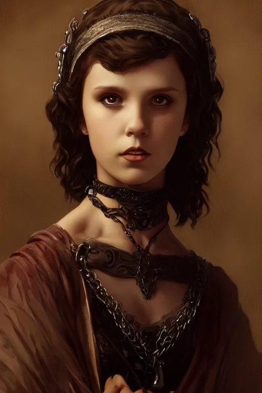 Prompt: gothic style millie bobby brown, traditional corsican, intricate, highly detailed, artstation, illustration, jurgens, rutkowski, bouguereau