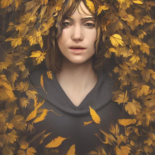 Prompt: a highly detailed digital image of a young woman surrounded and engulfed in leaves, matte background, artstation, detailed woman, stunning volumetric lighting, elegant, fantasy, 4k