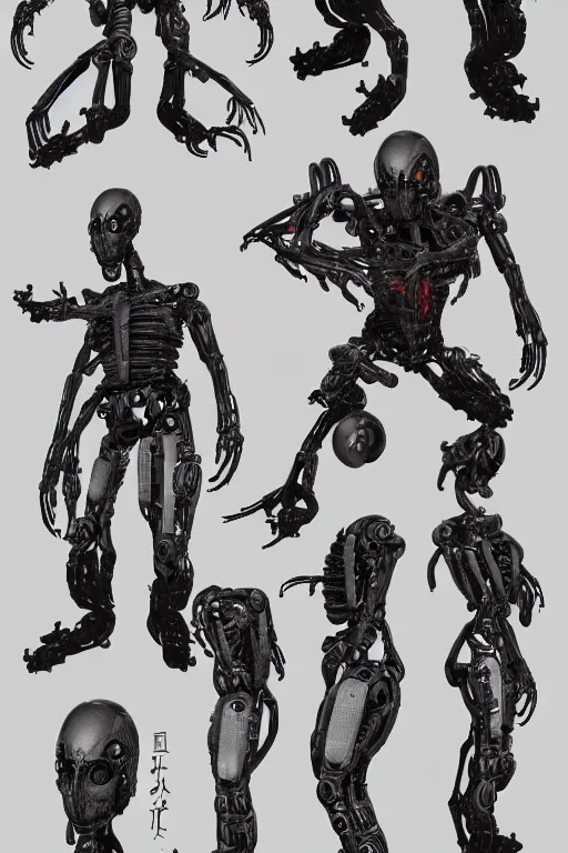 Image similar to cyborg space spider with gunmetal grey skin, medical anatomy, cyberpunk face, highly detailed, japanese, mecha asthetic, mechanical implants, three - view reference sheet ( front / back / side ), in the style of dan ouellette, dren from splice, hr giger, sil from species, artstation, unreal engine