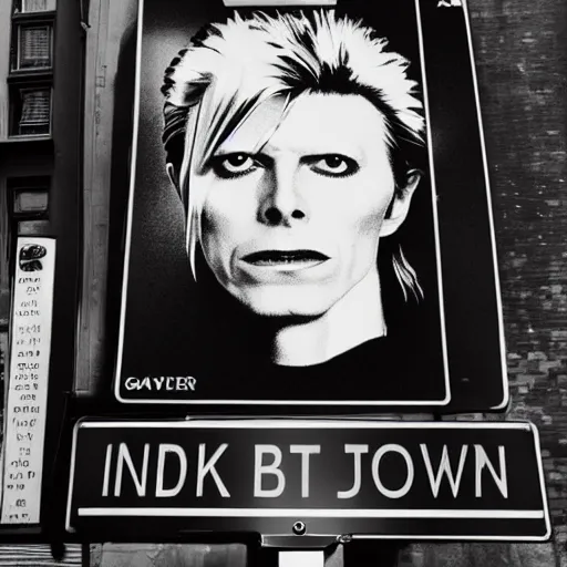 Image similar to Emotional pictures of David Bowie printed on a New York street sign in the style of WEEGEE , 8k, b/w photorealistic imagery, trending on artstation, artstationHQ, artstationHD