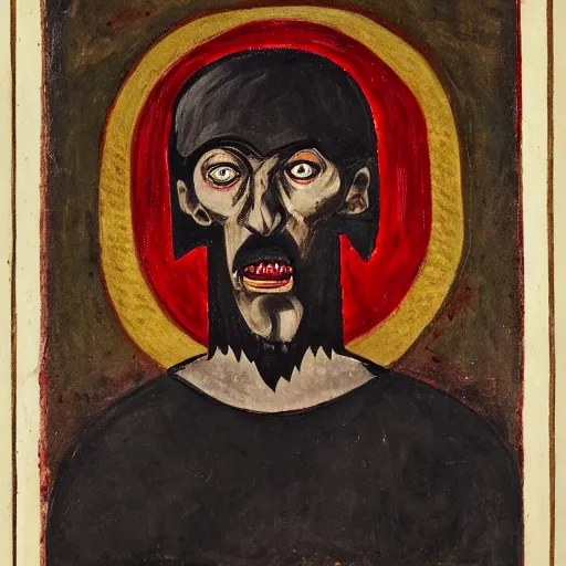 Image similar to portrait of alexander abdulov, with a red eyes, satanic body, head of old man, in blood of sinners, hellish style