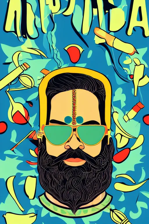 Prompt: portrait of an indian man with beard like virat kohli wearing futuristic sunglasses and goldchains, art by butcher billy, sticker, colorful, illustration, highly detailed, simple, smooth and clean vector curves, no jagged lines, vector art, smooth