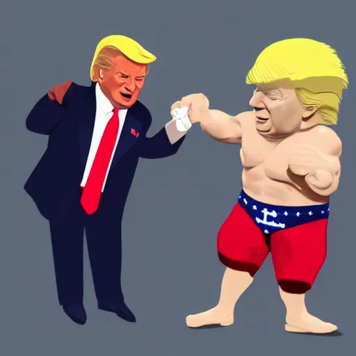 Prompt: joe biden in a bloody diaper, fist fighting a dwarf - sized donald trump, ultra hyper mega realistic, render