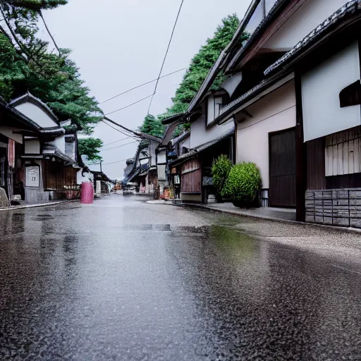 Prompt: The streets of a quiet rural Japanese town in the middle of a pouring rainstorm. 4k, Desktop Wallpaper, 35mm.