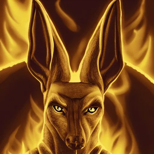 Image similar to A portrait of Anubis, he is glaring at the viewer and there is fire behind him, beautiful digital art trending on artstation, 4k, greg rutowski, extremely detailed, vivid three point lighting, backlit fur