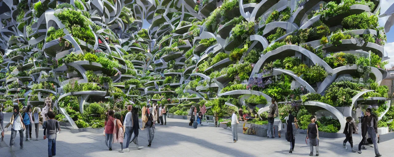 Image similar to futuristic village marketplace, with biomimetic architecture, vertical vegetable gardens, in a village street, depth of field, XF IQ4, 150MP, 50mm, F1.4, ISO 200, 1/160s, natural light