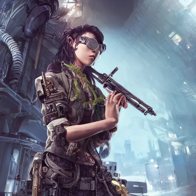 Image similar to the portrait of lawful neutral female cyberpunk marine sniper as absurdly beautiful, gorgeous, elegant, young gravure idol, an ultrafine hyperdetailed illustration by kim jung gi, irakli nadar, intricate linework, bright colors, octopath traveler, final fantasy, unreal engine 5 highly rendered, global illumination, radiant light, detailed and intricate environment