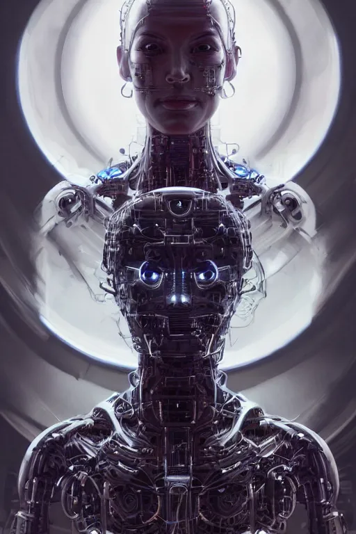 Image similar to Meditating cyborg with many cybernetic implants and wiring, lotus pose, techno-optimism, utopia, sci-fi, hyperrealist, centered, wide angle shot, shart focus, detailed, intricate, 4k UHD, creative lighting, digital painting by Greg Rutkowski, face by artgerm, digital art, trending on artstation, top post of all time on /r/transhumanism subreddit