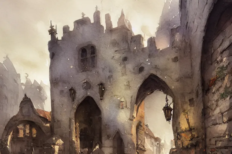 Prompt: small centered on watercolor paper, paint brush strokes, abstract watercolor painting of medieval city entrance, outside stone walls, rough rock, heavy port, cinematic light, national romanticism by hans dahl, by jesper ejsing, by anders zorn, by greg rutkowski, by greg manchess, by tyler edlin