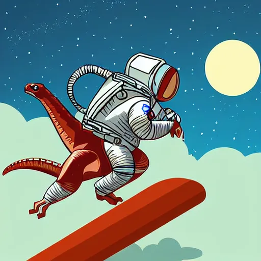 Prompt: an astronaut riding on a dinosaur, digital art