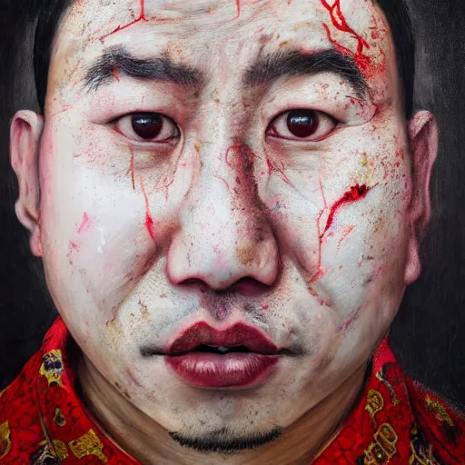 Image similar to photorealistic face portrait of chinese uyghur muslim prisoner, lots of spilled paint, wearing victorian rags, elite, disfigured, drooling, moist, unnatural movement, they are unhappy, bizzaro, baroque, renaissance, by emedios varo and anato finnstark and fenghua zhong, hyperrealism, 8 k, 3 d, masterpiece, texture