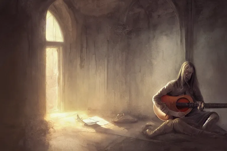 Prompt: an empty brutalist chamber, lonely, somber, a cursed lute, oud, guitar by brian froud leans against the wall alone, abandoned. a thin wisp of smoke rises from the lute. late afternoon lighting cinematic fantasy painting by jessica rossier