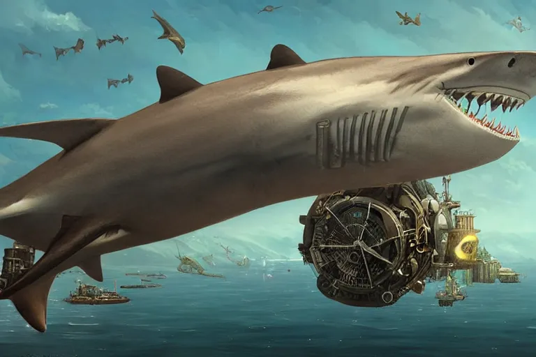 Prompt: a SHARK blimp, steampunk, digital art, extremely detailed, flying over a city, greg rutkowski, cinematic