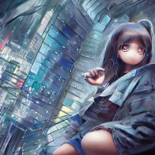 Image similar to dynamic composition, motion, ultra-detailed, incredibly detailed, a lot of details, amazing fine details and brush strokes, colorful and grayish palette, smooth, HD semirealistic anime CG concept art digital painting, watercolor oil painting of Clean and detailed post-cyberpunk sci-fi close-up schoolgirl in asian city in style of cytus and deemo, blue flame, relaxing, calm and mysterious vibes,, by a Chinese artist at ArtStation, by Huang Guangjian, Fenghua Zhong, Ruan Jia, Xin Jin and Wei Chang. Realistic artwork of a Chinese videogame, gradients, gentle an harmonic grayish colors. set in half-life 2, Matrix, GITS, Blade Runner, Neotokyo Source, Syndicate(2012), dynamic composition, beautiful with eerie vibes, very inspirational, very stylish, with gradients, surrealistic, dystopia, postapocalyptic vibes, depth of field, mist, rich cinematic atmosphere, perfect digital art, mystical journey in strange world