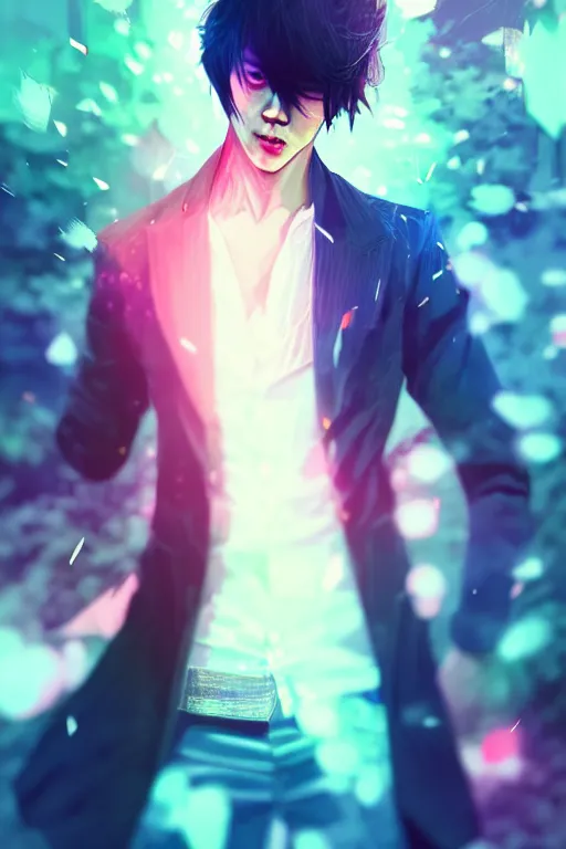 Image similar to a man looks like kamenashi kazuya, blurred environment background, colorful magic effects, white skin, portrait, male, clothed, sharp focus, digital art, concept art, trending on artstation, dynamic lighting, by emylie boivin and rossdraws