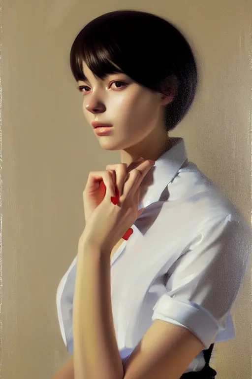 Image similar to a ultradetailed beautiful portrait panting of a stylish woman sitting in a bath, she is wearing a white shirt with a tie, oil painting, by ilya kuvshinov, greg rutkowski and makoto shinkai