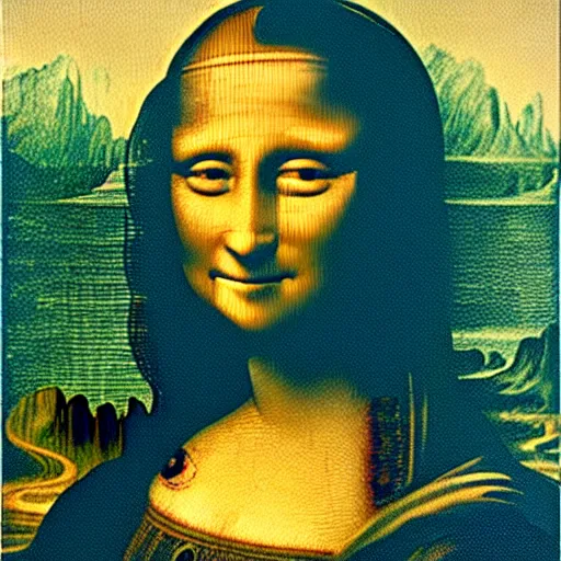 Image similar to the mona lisa made of spit, brown crayon, and green ooze.