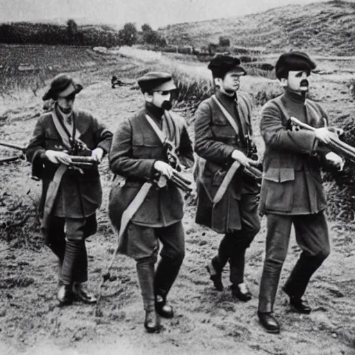Prompt: old wartime photograph of the beatles carrying lewis guns, 1 9 1 7