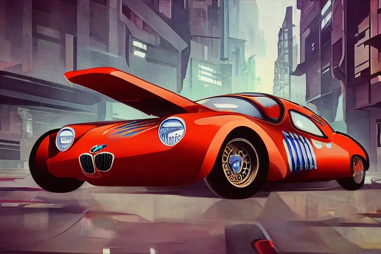 Prompt: 1935 BMW M1 Stratos, city in cyberpunk style by Vincent Di Fate