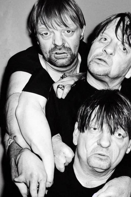 Prompt: Mark E Smith from The Fall strangling Fred Durst from Limp Bizkit
